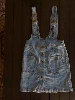 Blue Spice Denim Overall Mini Dress Button Front Pinafore | M